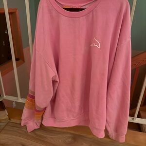 Aviator Nation Pink Crew Neck Sweater with Striped Sleeve
